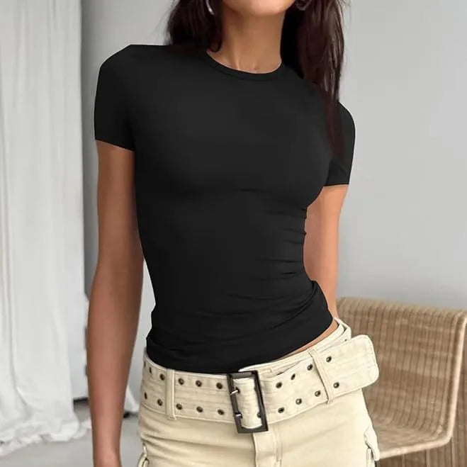 Camiseta básica de manga corta y manga larga ajustada con cuello redondo – Top corto Y2K