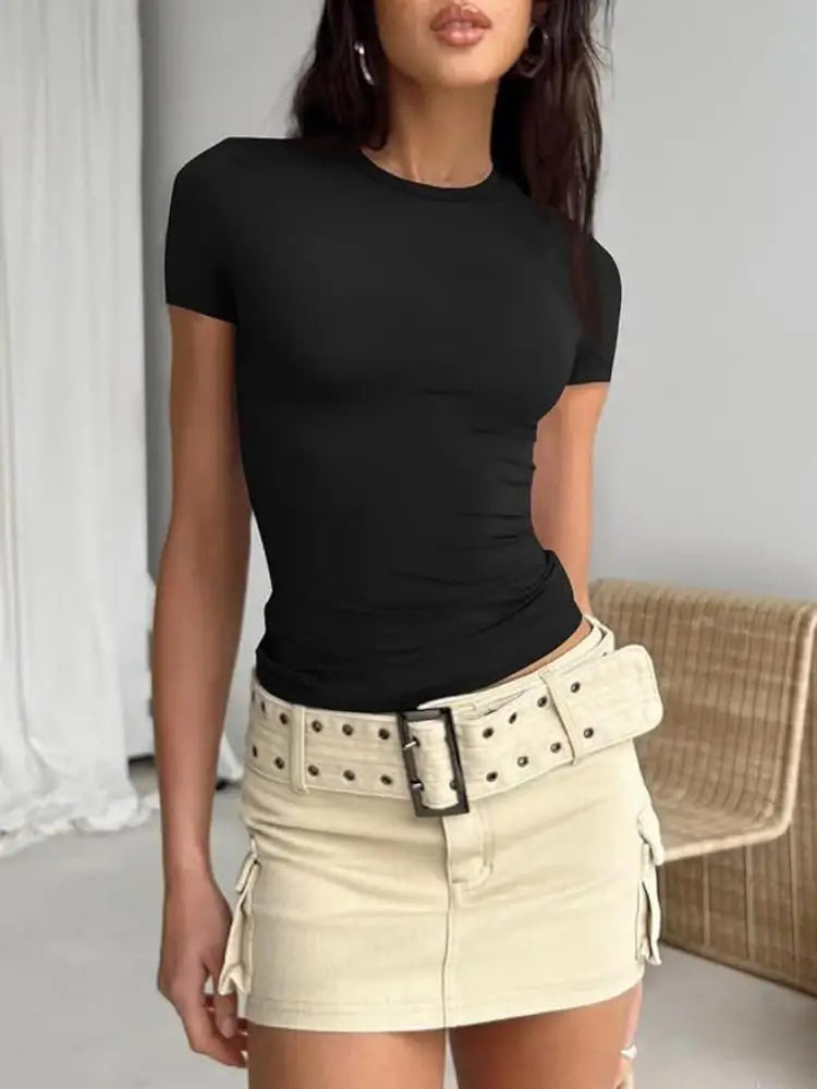 Camiseta básica de manga corta y manga larga ajustada con cuello redondo – Top corto Y2K