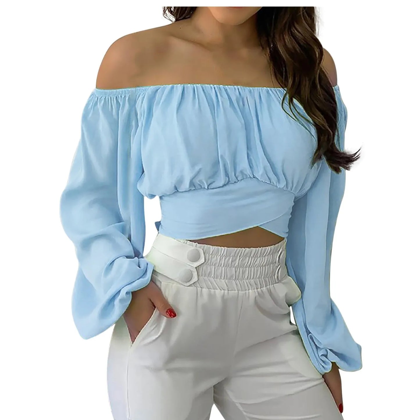 Blusa Sexy con cuello oblicuo y espalda descubierta de manga larga acampanada con estampado Floral, Tops de verano para mujer, camisetas recortadas con vendaje entrecruzado