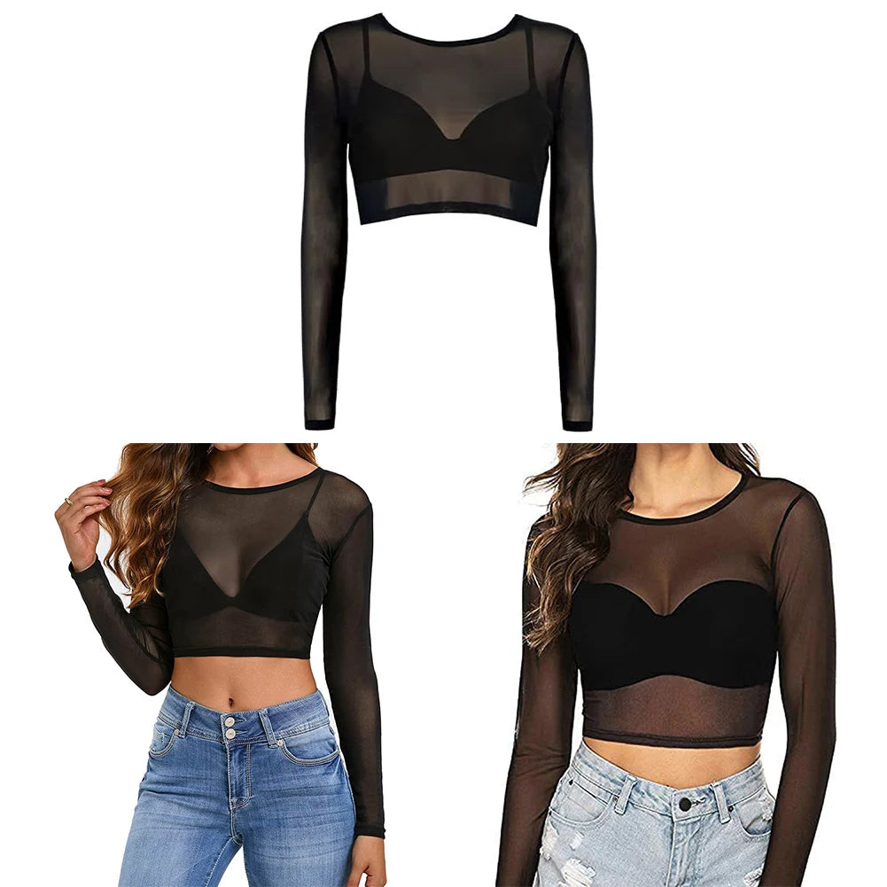 Top de malla transparente de manga larga ajustado