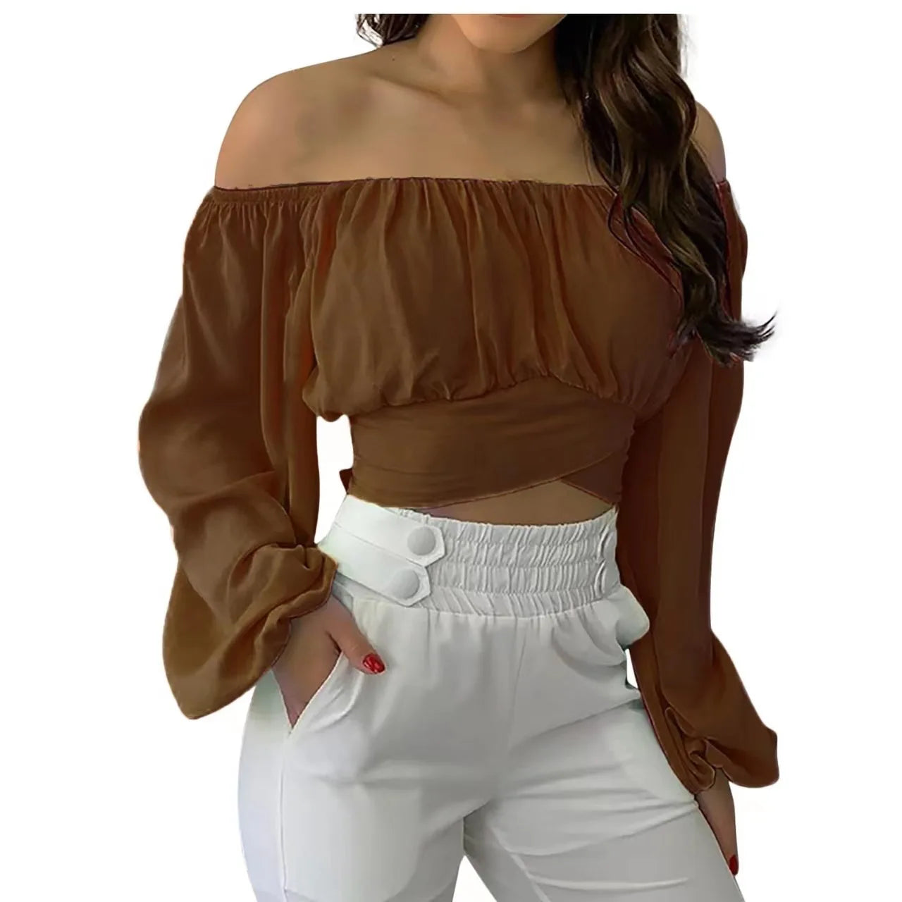 Blusa Sexy con cuello oblicuo y espalda descubierta de manga larga acampanada con estampado Floral, Tops de verano para mujer, camisetas recortadas con vendaje entrecruzado
