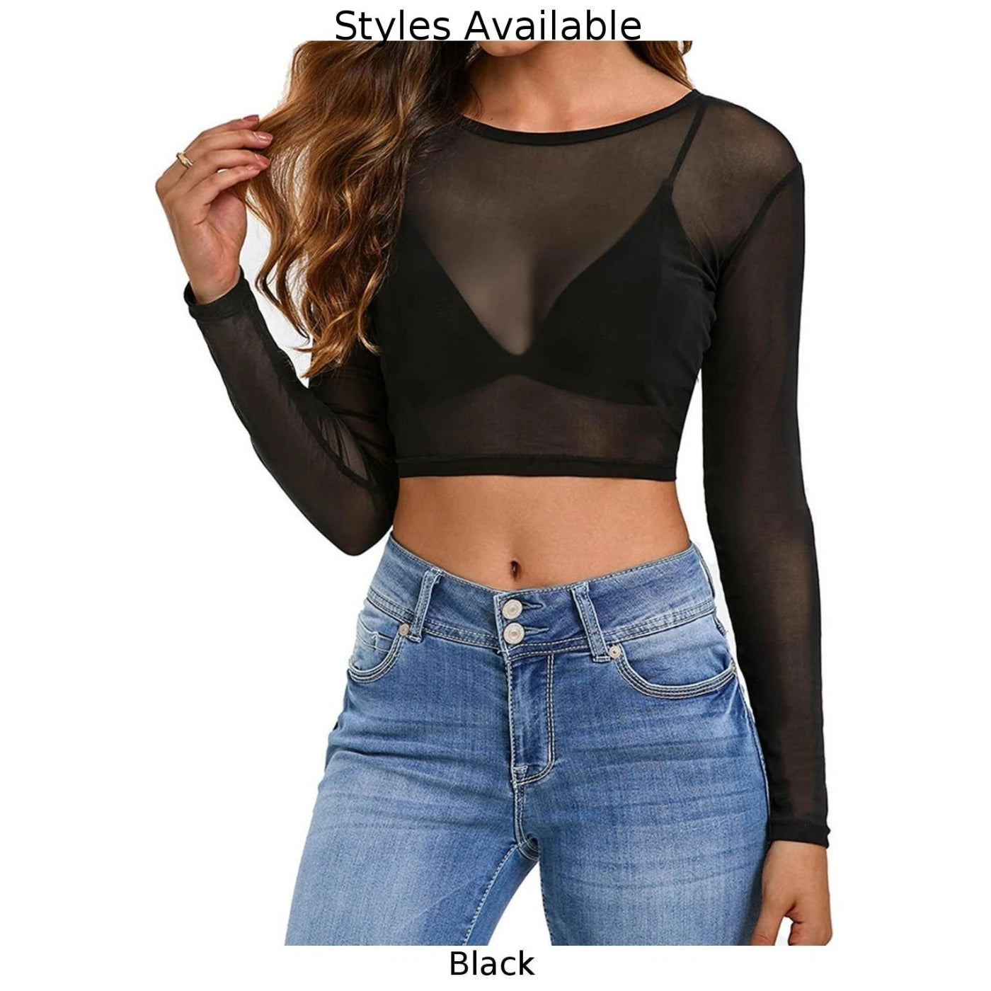Top de malla transparente de manga larga ajustado