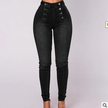 Jeans Entubados de Mujer Cintura Alta – Estilo Vintage con Doble Botonadura