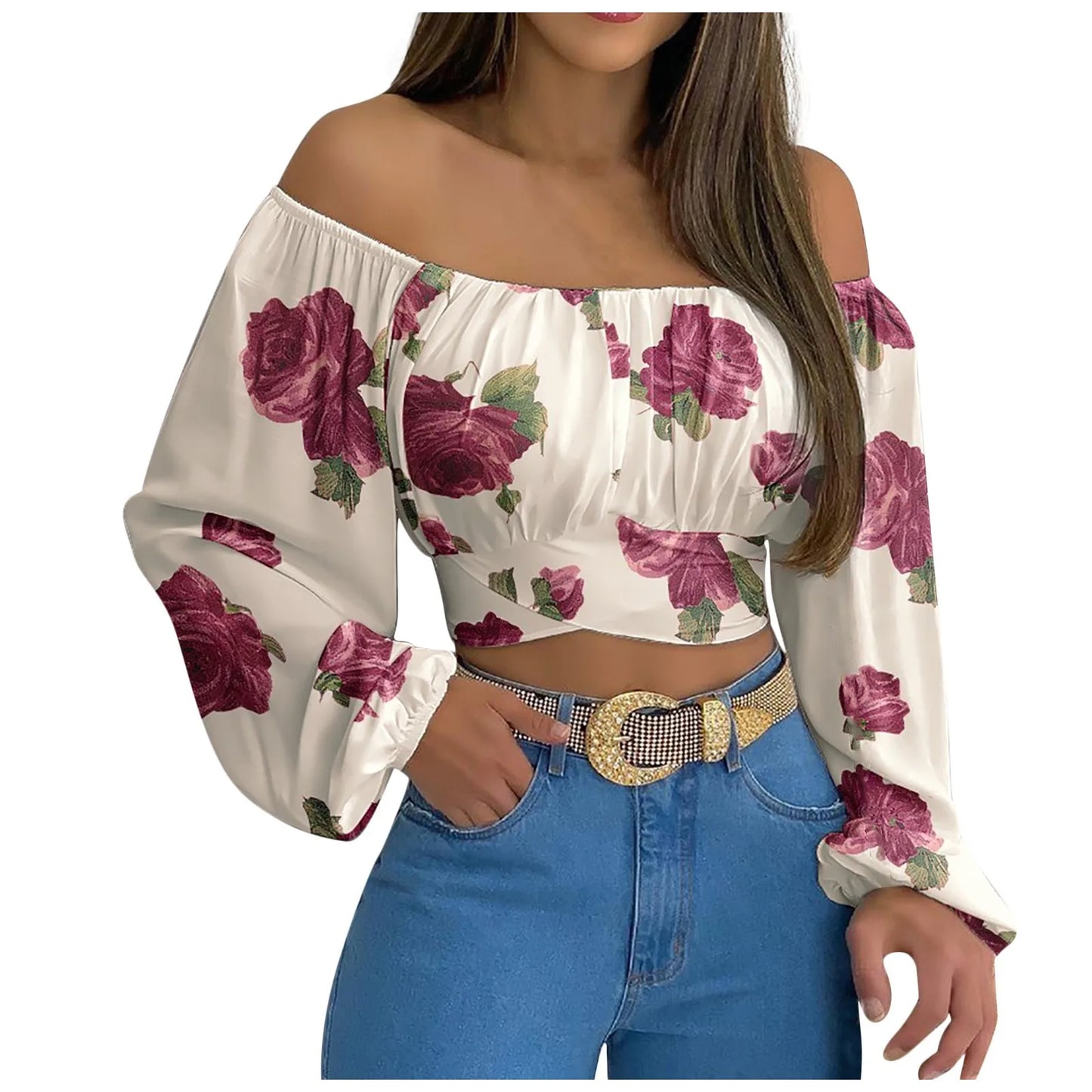 Blusa Sexy con cuello oblicuo y espalda descubierta de manga larga acampanada con estampado Floral, Tops de verano para mujer, camisetas recortadas con vendaje entrecruzado