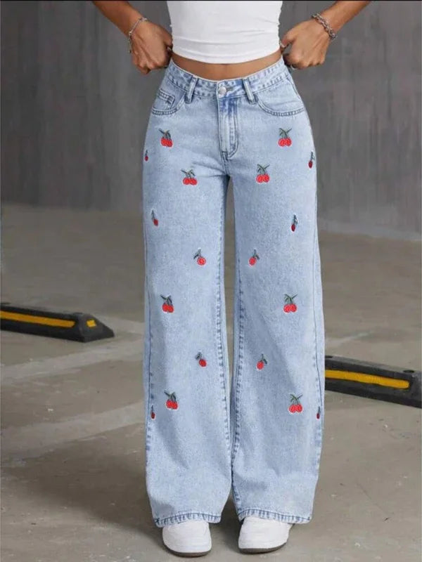 Jeans Wide Leg Azul con Bordados de cerezas 🍒
