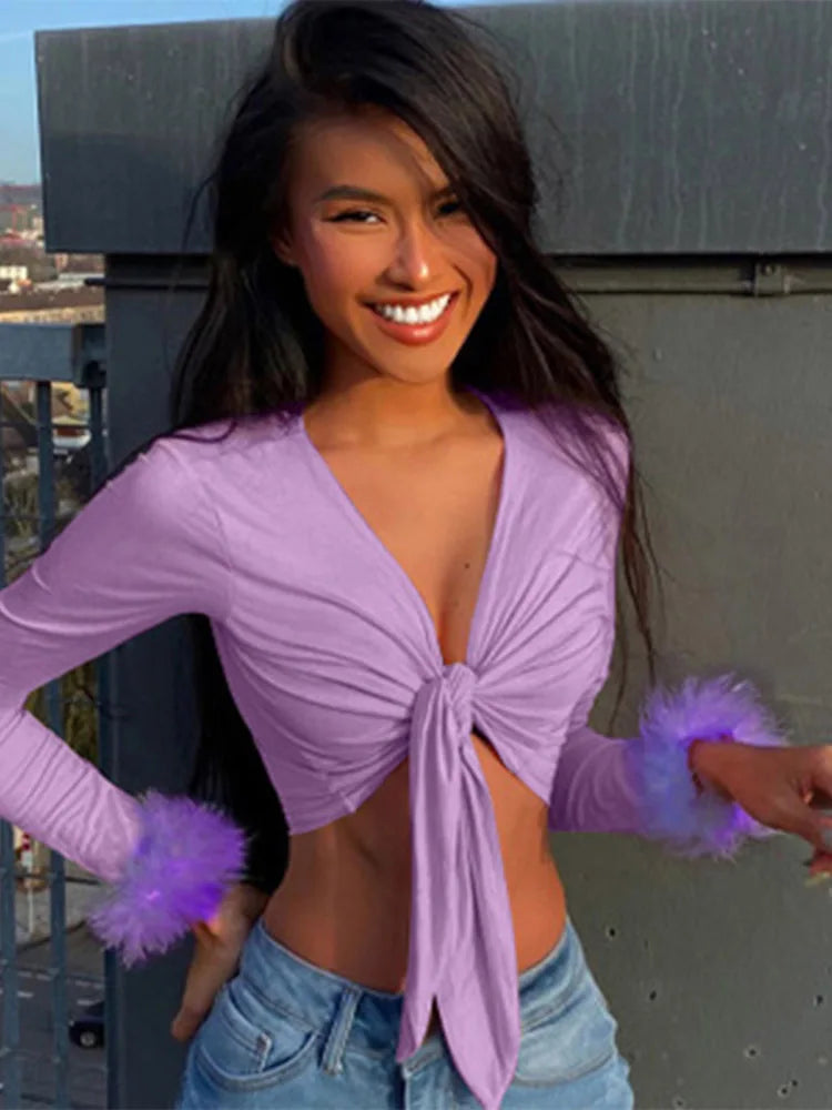 Tops cortos con cuello en V de manga larga para mujer