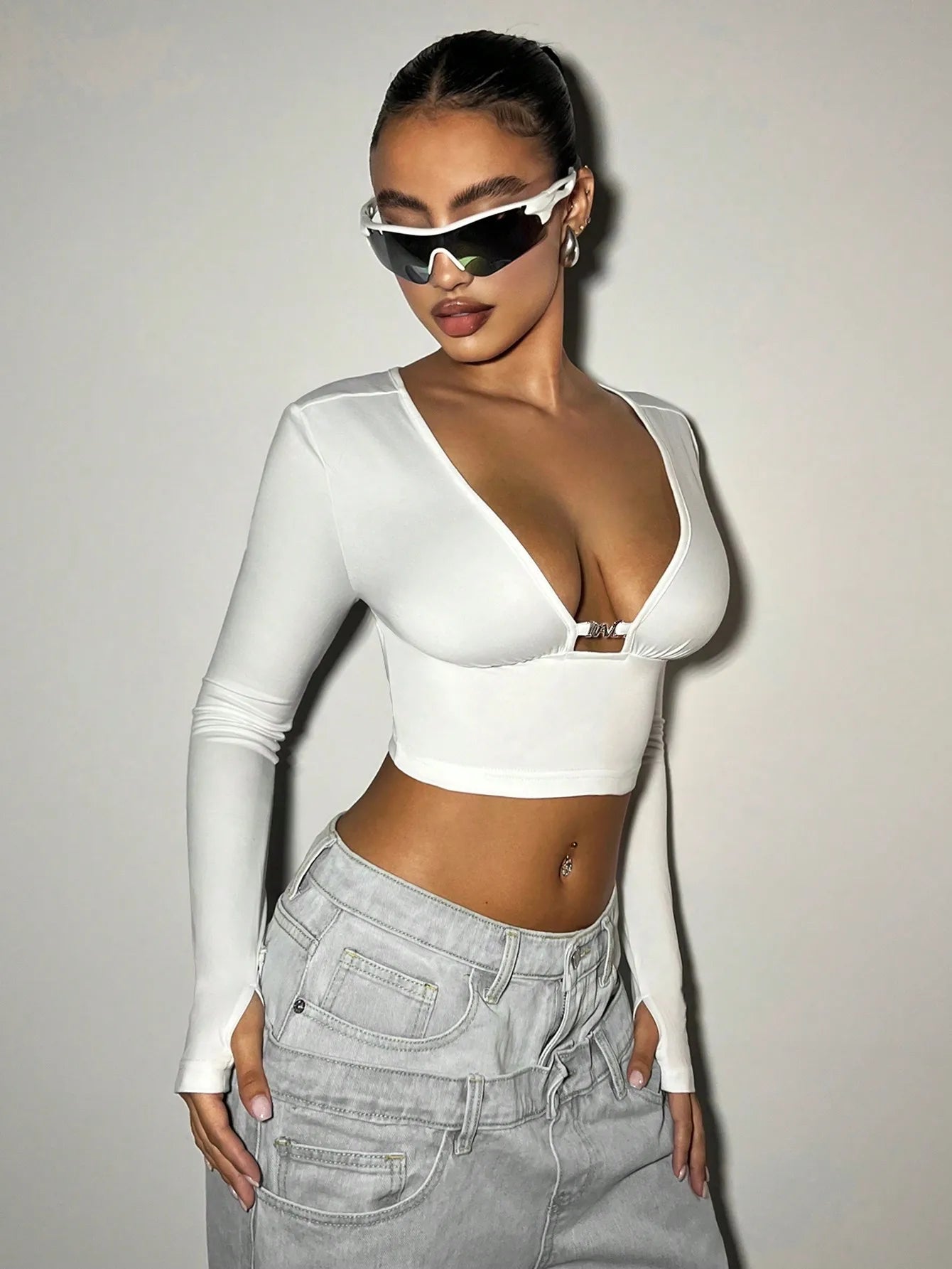 Top Crop Manga Larga Mujer – Escote en V Sexy y Ajustado