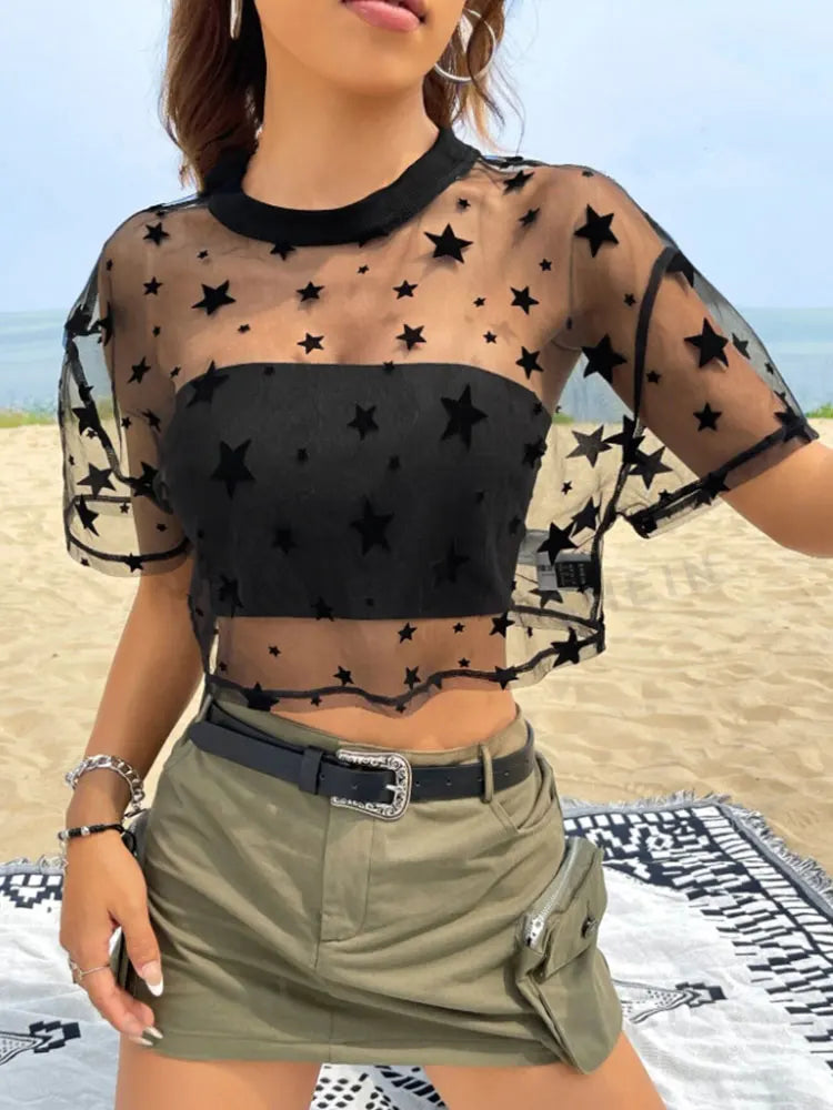 Top de Malla Transparente con Estampado de Estrellas – Blusa Corta Sexy