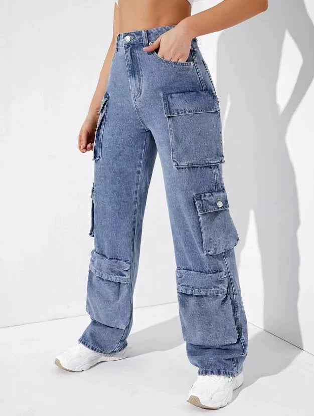 Jeans Cargo Mujer Cintura Alta – Estilo Retro con Bolsillos Laterales Abatibles