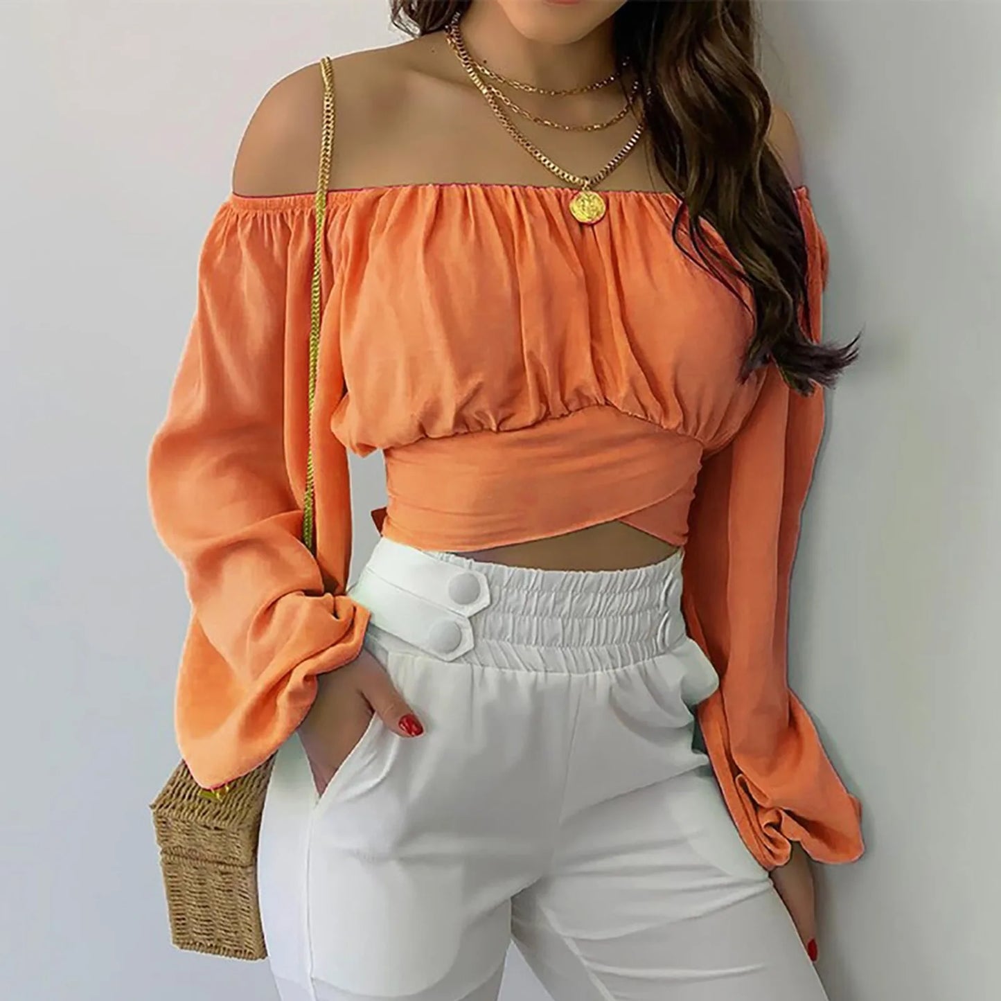 Blusa Sexy con cuello oblicuo y espalda descubierta de manga larga acampanada con estampado Floral, Tops de verano para mujer, camisetas recortadas con vendaje entrecruzado