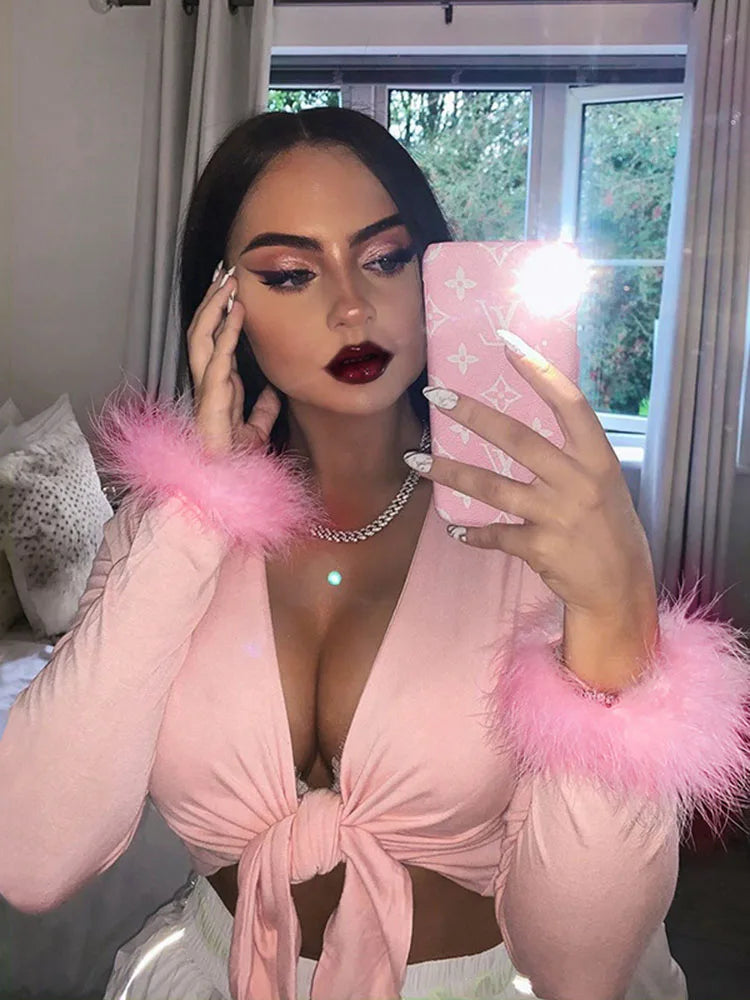 Tops cortos con cuello en V de manga larga para mujer