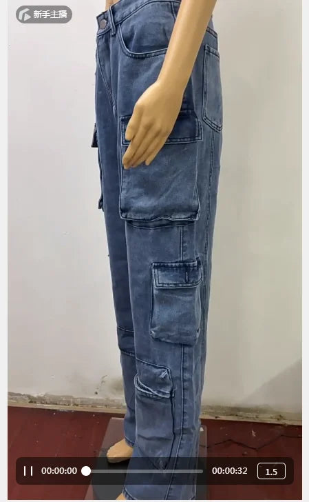 Jeans Cargo Mujer Cintura Alta – Estilo Retro con Bolsillos Laterales Abatibles