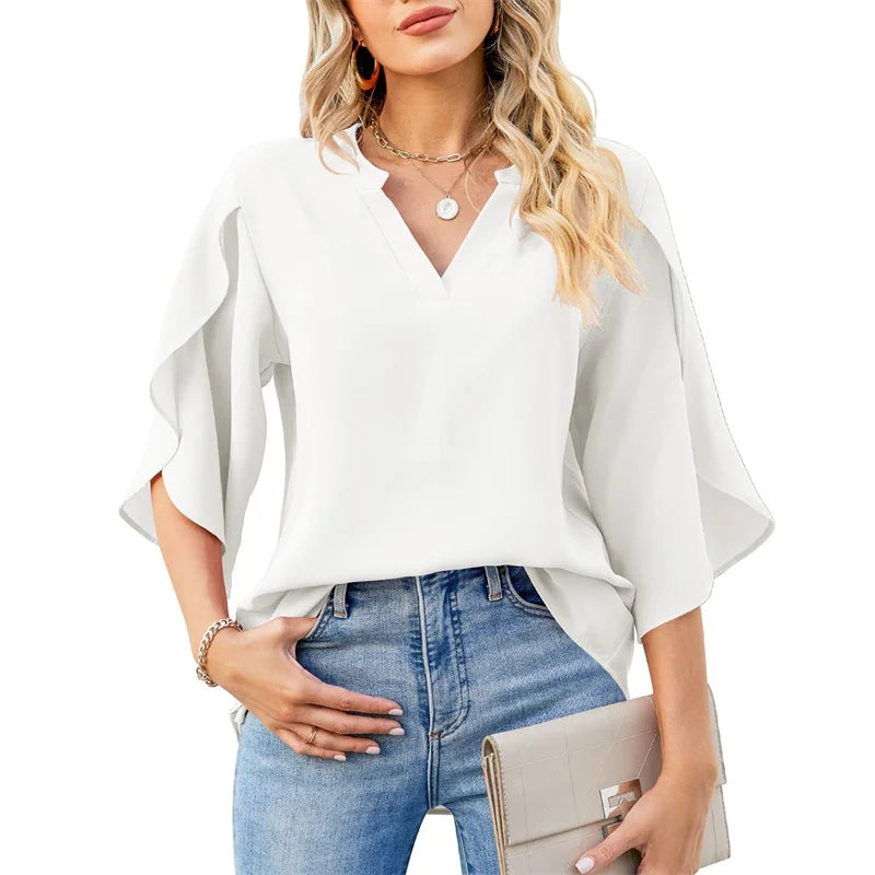 Blusa de gasa holgada con cuello en V y mangas acampanadas – Estilo veraniego casual
