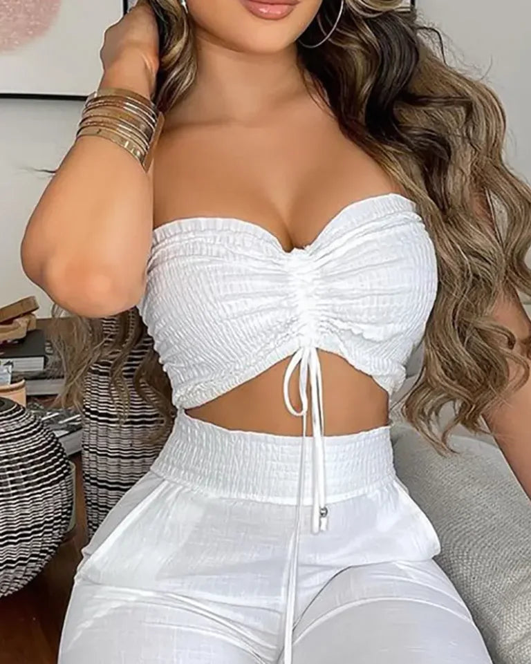 Conjunto de dos piezas para mujer, Top corto sin mangas y pantalones informales fruncidos de cintura alta