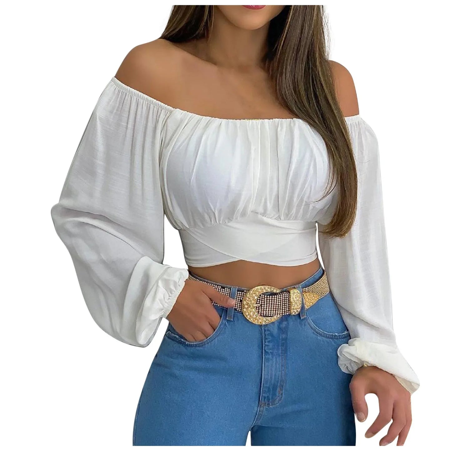 Blusa Sexy con cuello oblicuo y espalda descubierta de manga larga acampanada con estampado Floral, Tops de verano para mujer, camisetas recortadas con vendaje entrecruzado