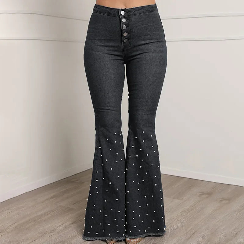 Jeans Acampanados Azul de Cintura Alta con Brillos