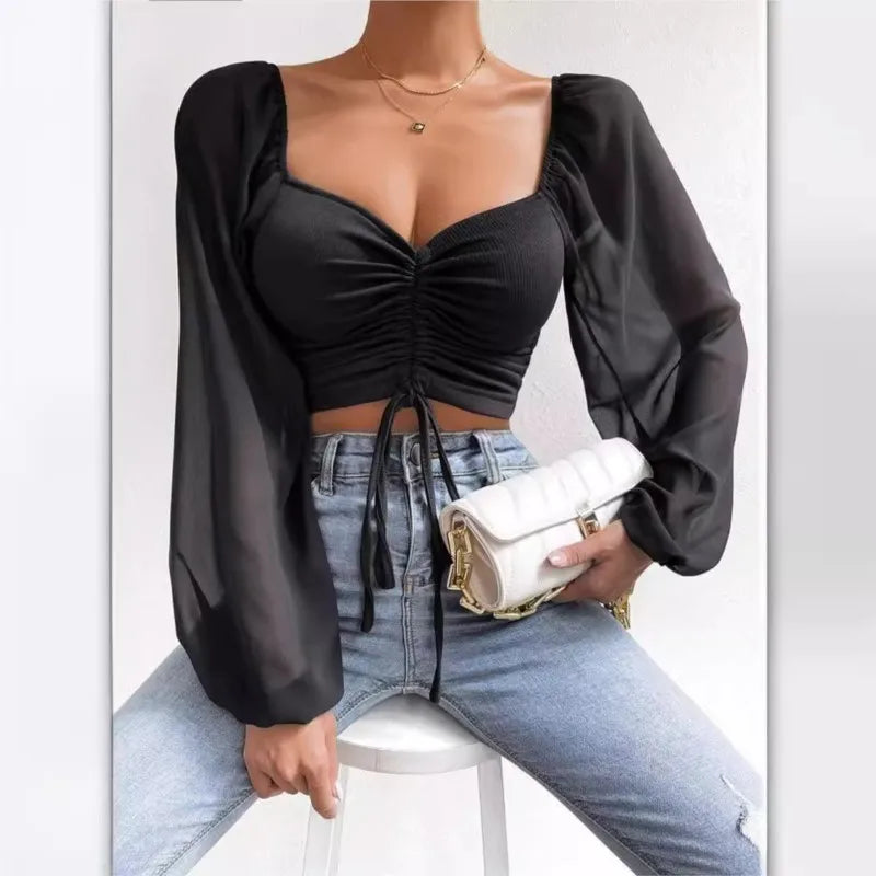 Top Manga Farol – Blusa Crop con Cordón Frontal Ajustable