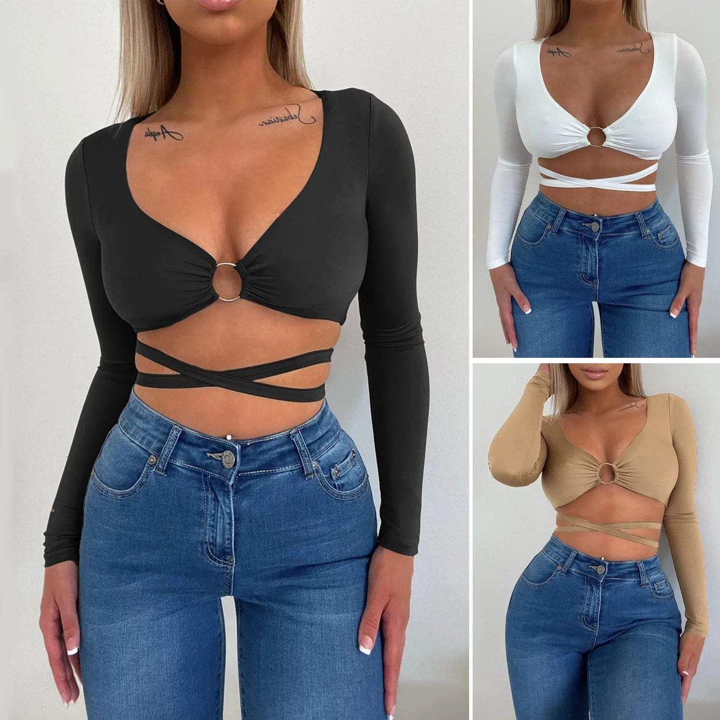 Top Crop Sexy Mujer – Manga Larga con Escote en V y Tiras Cruzadas