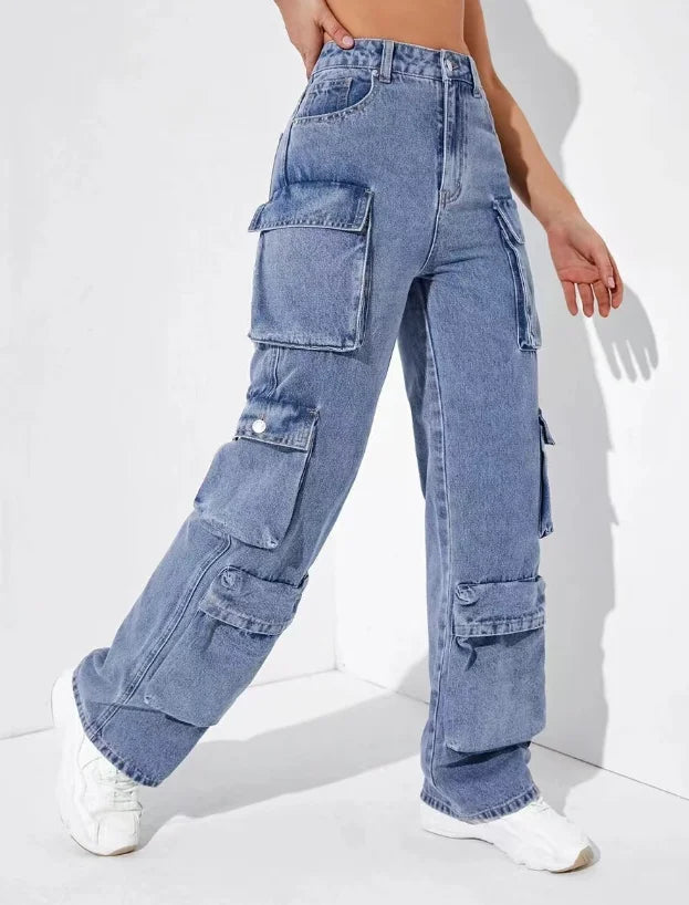 Jeans Cargo Mujer Cintura Alta – Estilo Retro con Bolsillos Laterales Abatibles