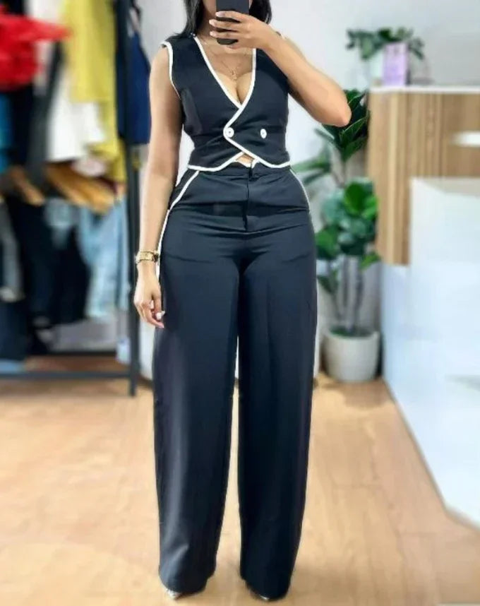 Conjunto Elegante 2 Piezas – Chaleco Abotonado con Cuello en V + Pantalón con Bolsillos Casual ✨