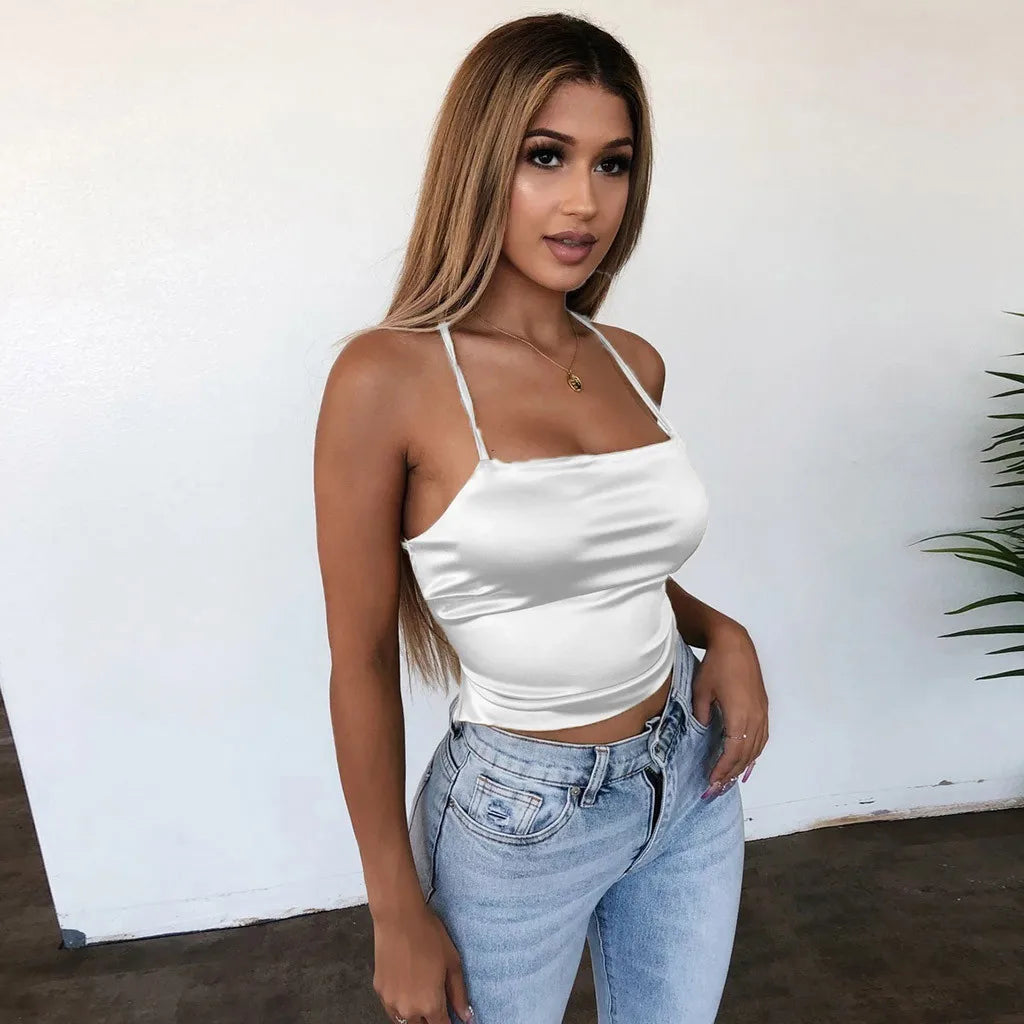 Camisola Sexy De seda De hielo suave para Mujer, Tops cortos ajustados con espalda descubierta, camisola Bandage para fiesta y Club, camisetas sin mangas sexys Y2k, Blusas, Ropa De Mujer