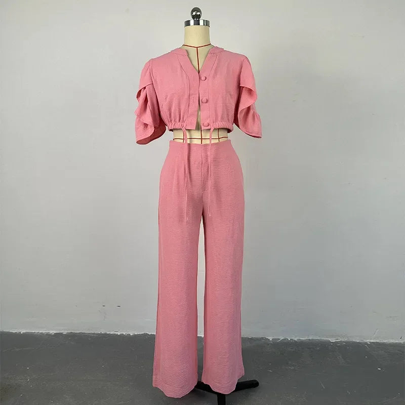 Conjunto 2 piezas con top de manga acampanada y pantalón pierna ancha – Casual