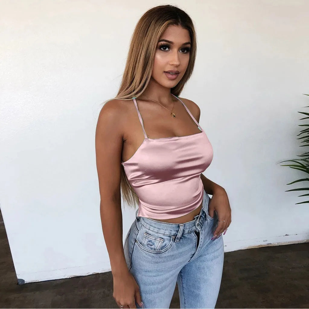 Camisola Sexy De seda De hielo suave para Mujer, Tops cortos ajustados con espalda descubierta, camisola Bandage para fiesta y Club, camisetas sin mangas sexys Y2k, Blusas, Ropa De Mujer