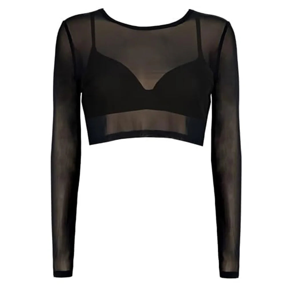Top de malla transparente de manga larga ajustado