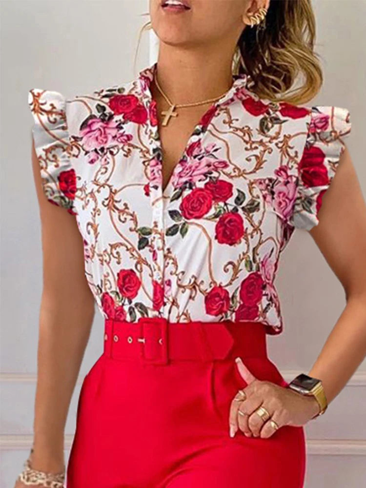 Blusa estampada de flores manga corta – Estilo fresco para oficina y casual