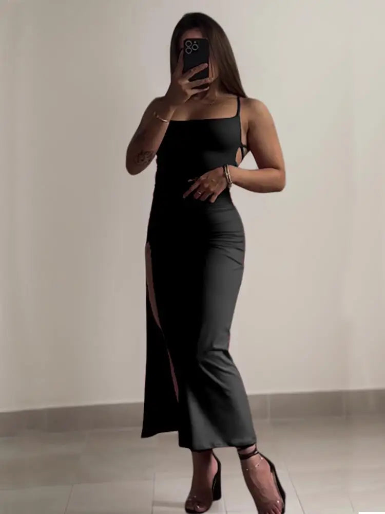 Vestido largo halter con abertura lateral y espalda cruzada – Elegante/Fiesta