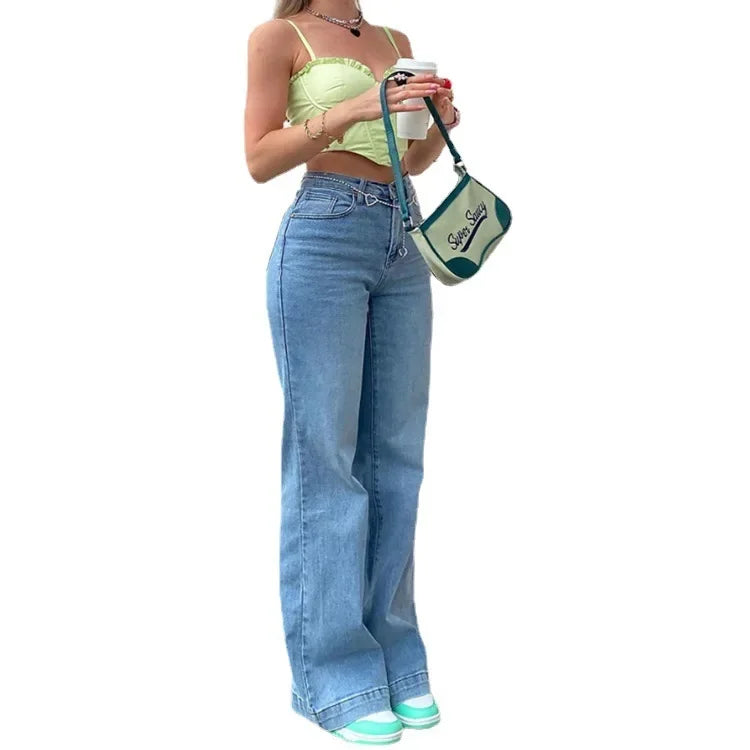 Pantalón Vaquero Recto Mujer – Estilo Básico Denim Desgastado