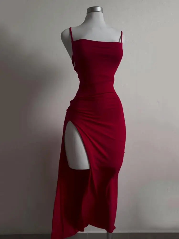 Vestido largo halter con abertura lateral y espalda cruzada – Elegante/Fiesta