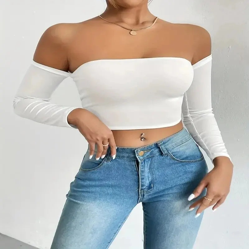 Blusa Crop Básica – Manga Larga con Hombros Descubiertos