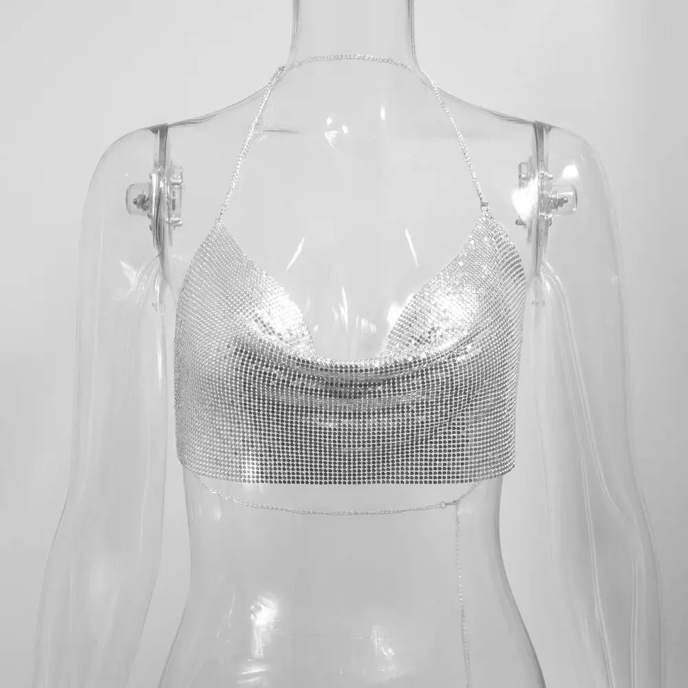 Top Corto Metalizado ✨ Halter con Lentejuelas – Espalda Descubierta para Fiesta y Club Y2K