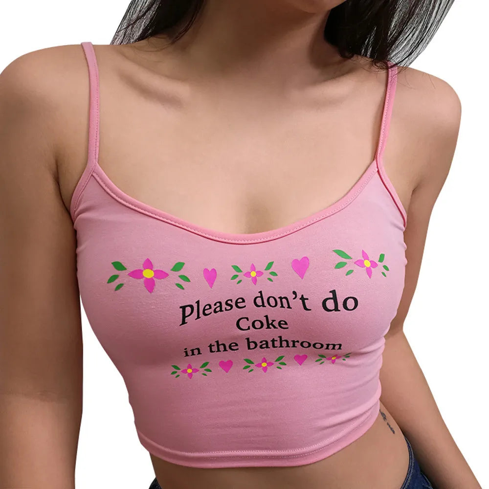Top corto rosa con tirantes finos 🌸 | Camiseta sin mangas con estampado juvenil ✨