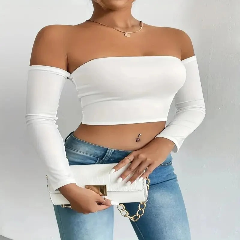 Blusa Crop Básica – Manga Larga con Hombros Descubiertos