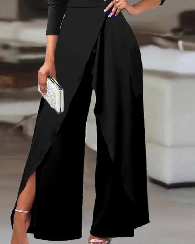 Mono elegante manga larga con hombro descubierto y pierna ancha – Casual/Nocturno