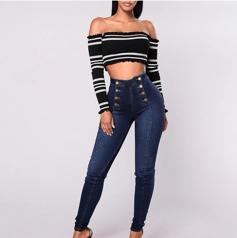 Jeans Entubados de Mujer Cintura Alta – Estilo Vintage con Doble Botonadura