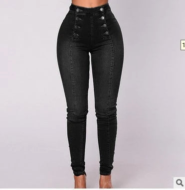 Jeans Entubados de Mujer Cintura Alta – Estilo Vintage con Doble Botonadura
