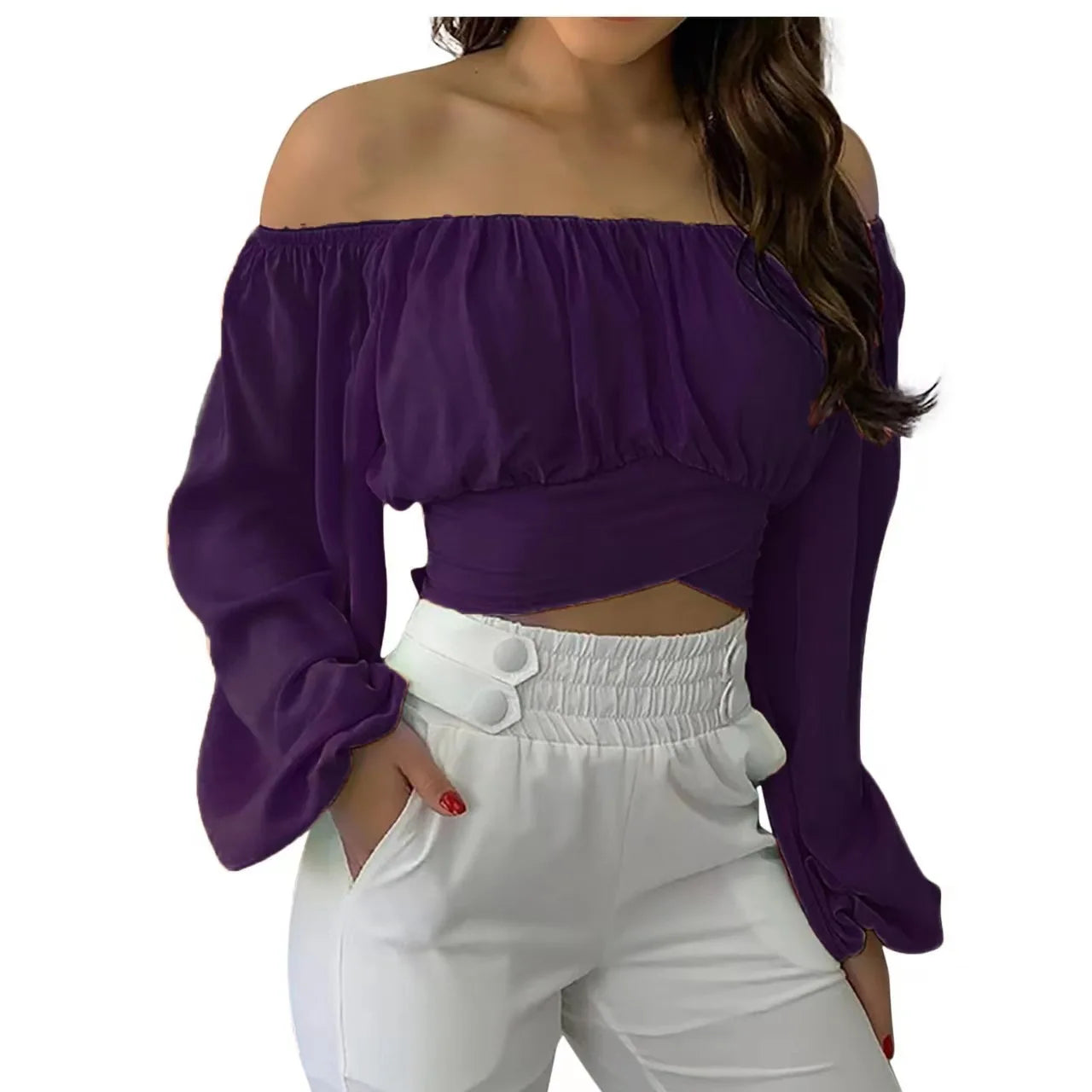 Blusa Sexy con cuello oblicuo y espalda descubierta de manga larga acampanada con estampado Floral, Tops de verano para mujer, camisetas recortadas con vendaje entrecruzado