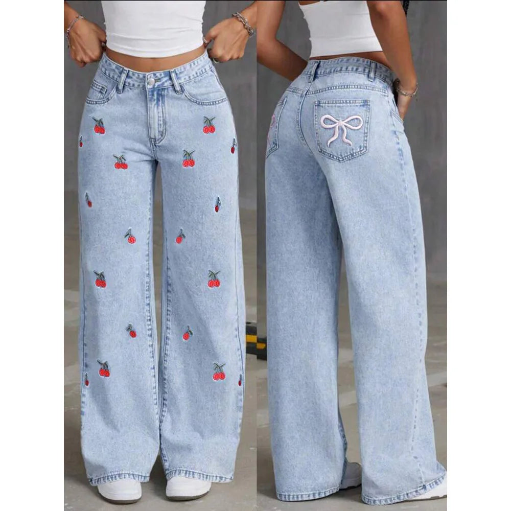 Jeans Wide Leg Azul con Bordados de cerezas 🍒