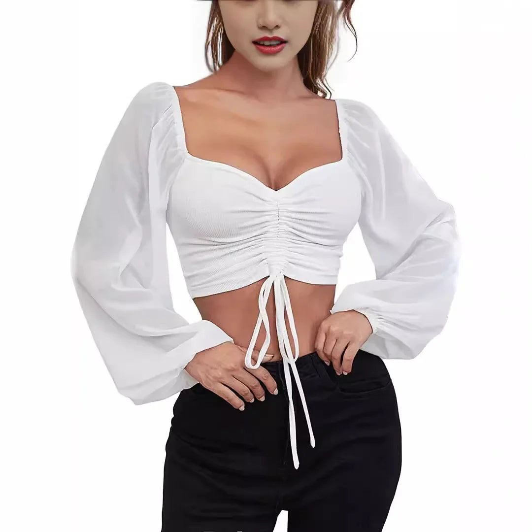 Blusa Sexy de malla con mangas acampanadas y cordón para mujer, blusa con ombligo descubierto en el pecho.