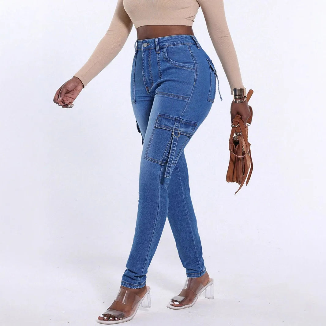 Jeans Entubados de Mujer Cintura Alta – Mezclilla Desgastada Azul