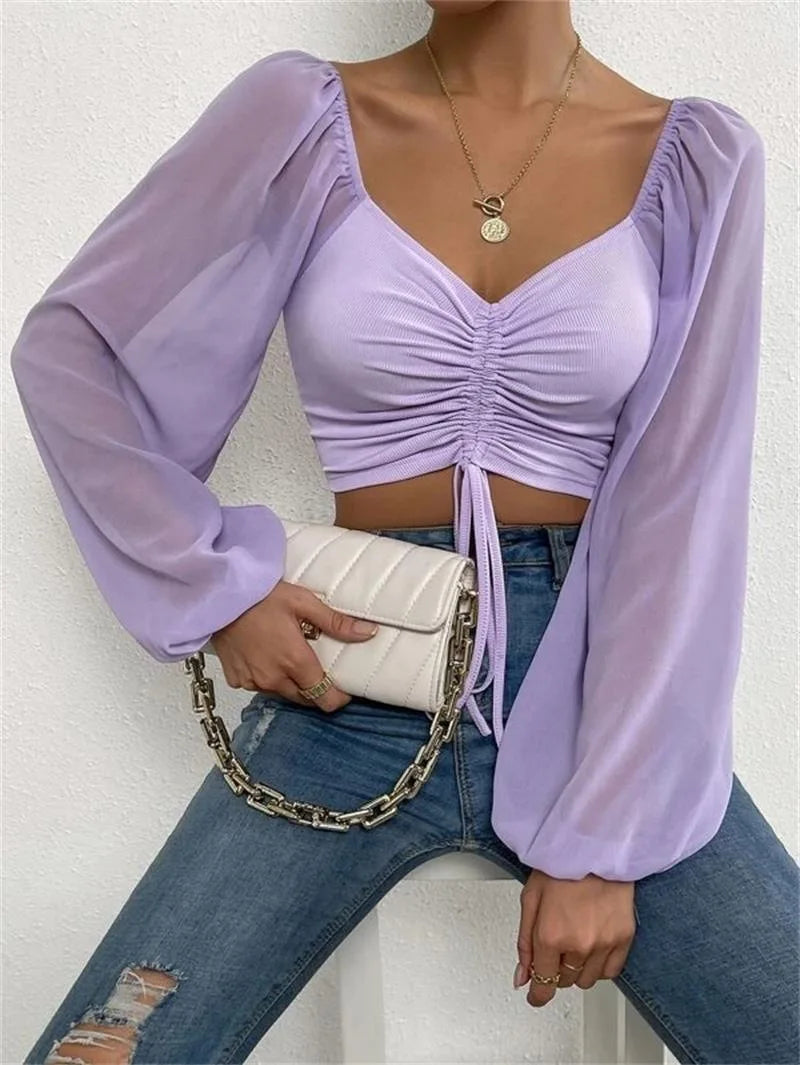 Top Manga Farol – Blusa Crop con Cordón Frontal Ajustable