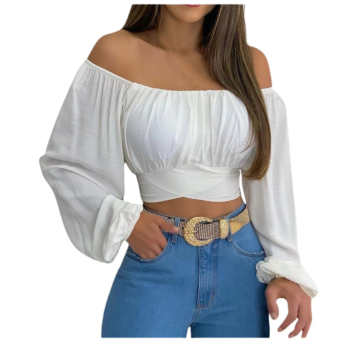 Blusa Sexy con cuello oblicuo y espalda descubierta de manga larga acampanada con estampado Floral, Tops de verano para mujer, camisetas recortadas con vendaje entrecruzado