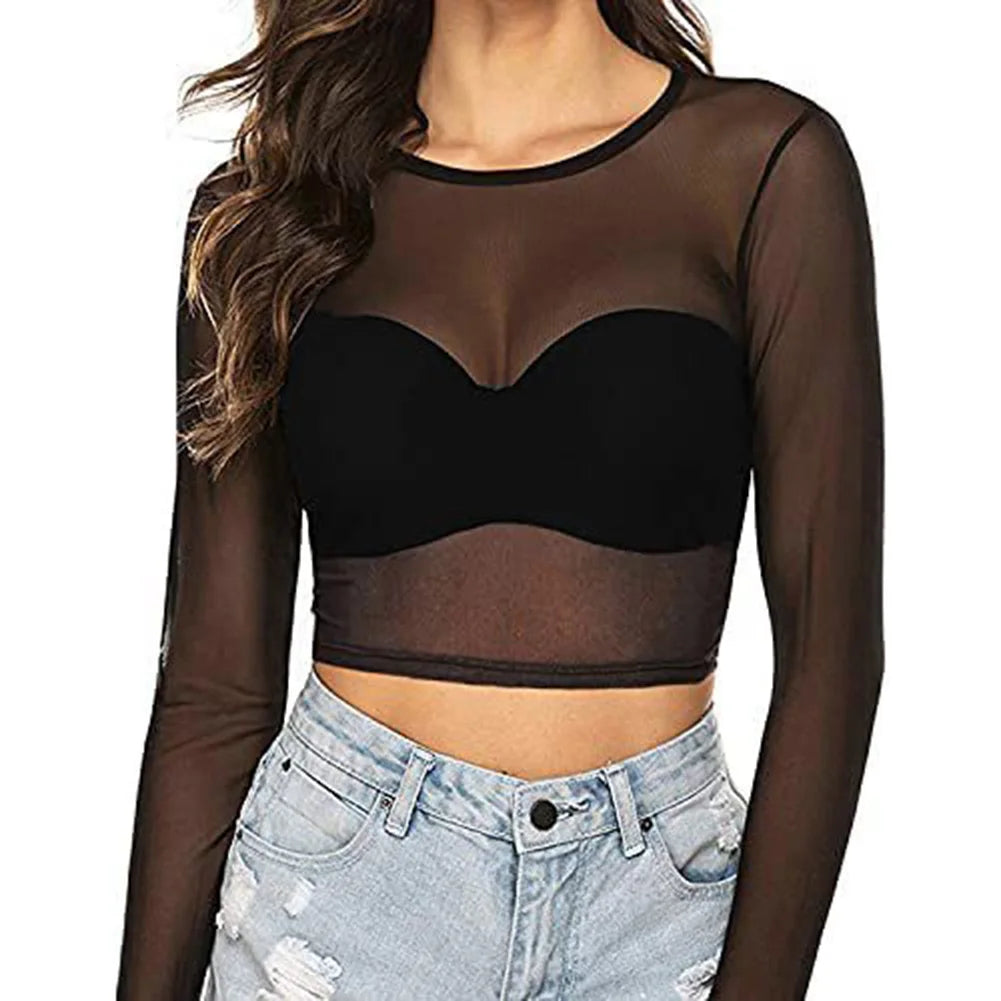 Top de malla transparente de manga larga ajustado
