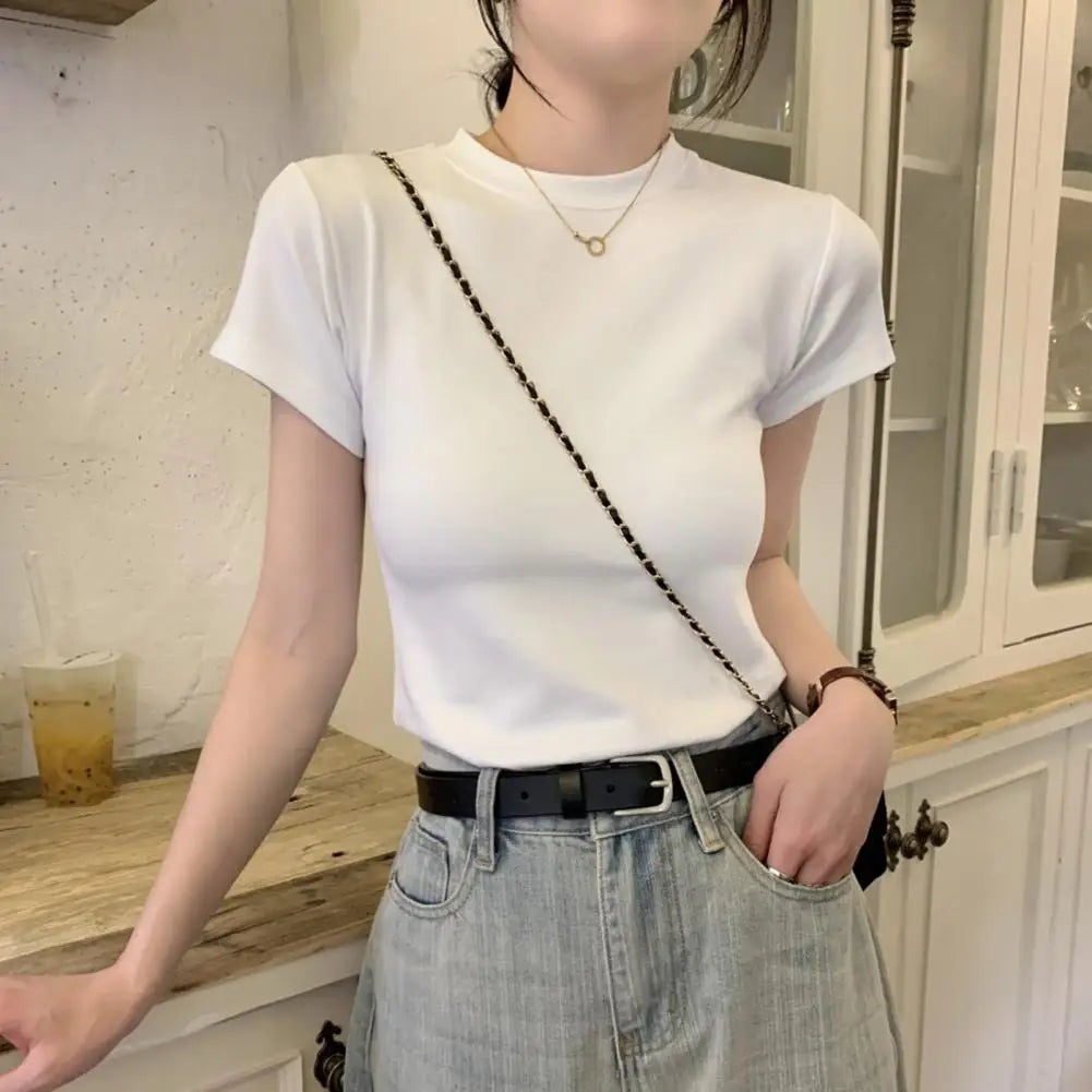 Camiseta básica ajustada de manga corta con cuello redondo – Casual/Streetwear