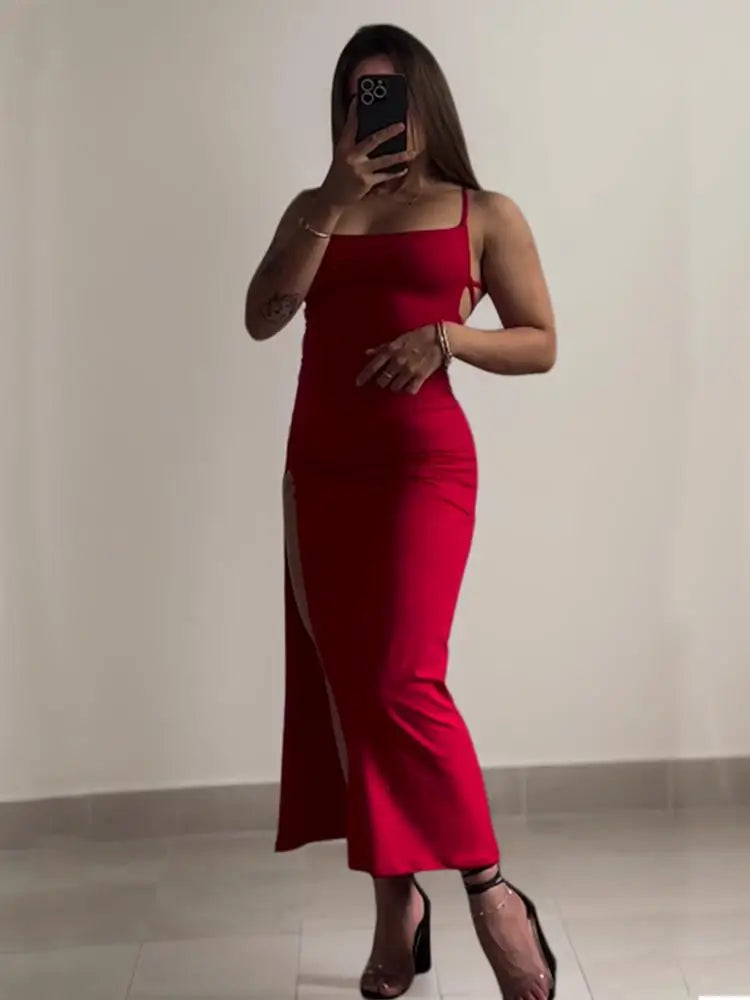 Vestido largo halter con abertura lateral y espalda cruzada – Elegante/Fiesta