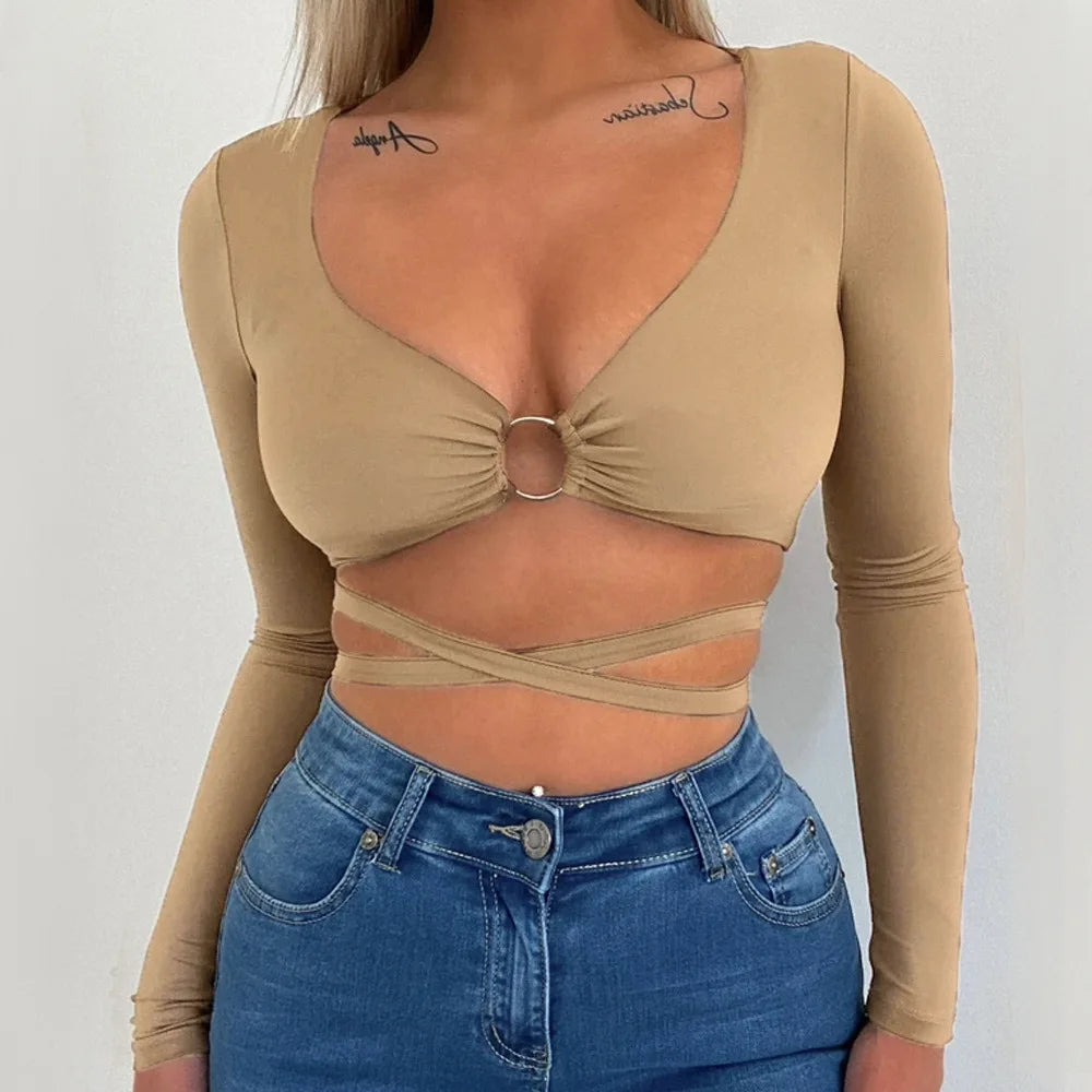 Top Crop Sexy Mujer – Manga Larga con Escote en V y Tiras Cruzadas