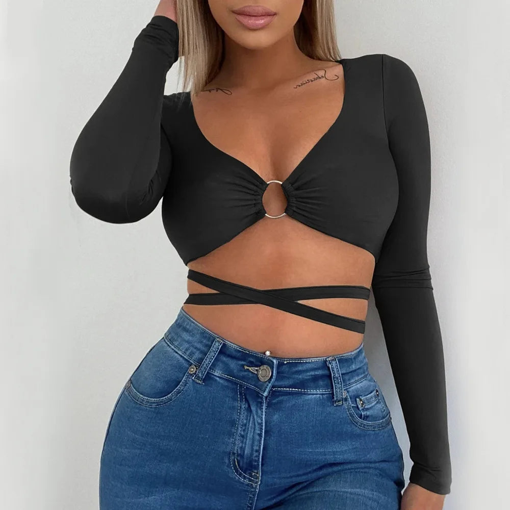 Top Crop Sexy Mujer – Manga Larga con Escote en V y Tiras Cruzadas